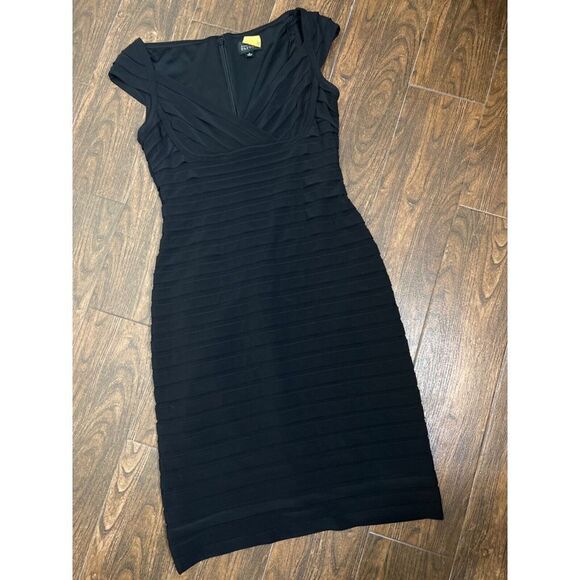 ADRIANNA PAPELL BLACK CAP SLEEVE STRETCHY KNEE LENGTH BANDAGE SHEATH DRESS 8 - Picture 8 of 12